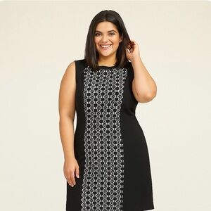 Calvin Klein Black Sheath Dress with White Lace Detail Size 14 Elegant